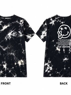 Tie-Dye Graphic Tee with Smiley Logo - Black & White